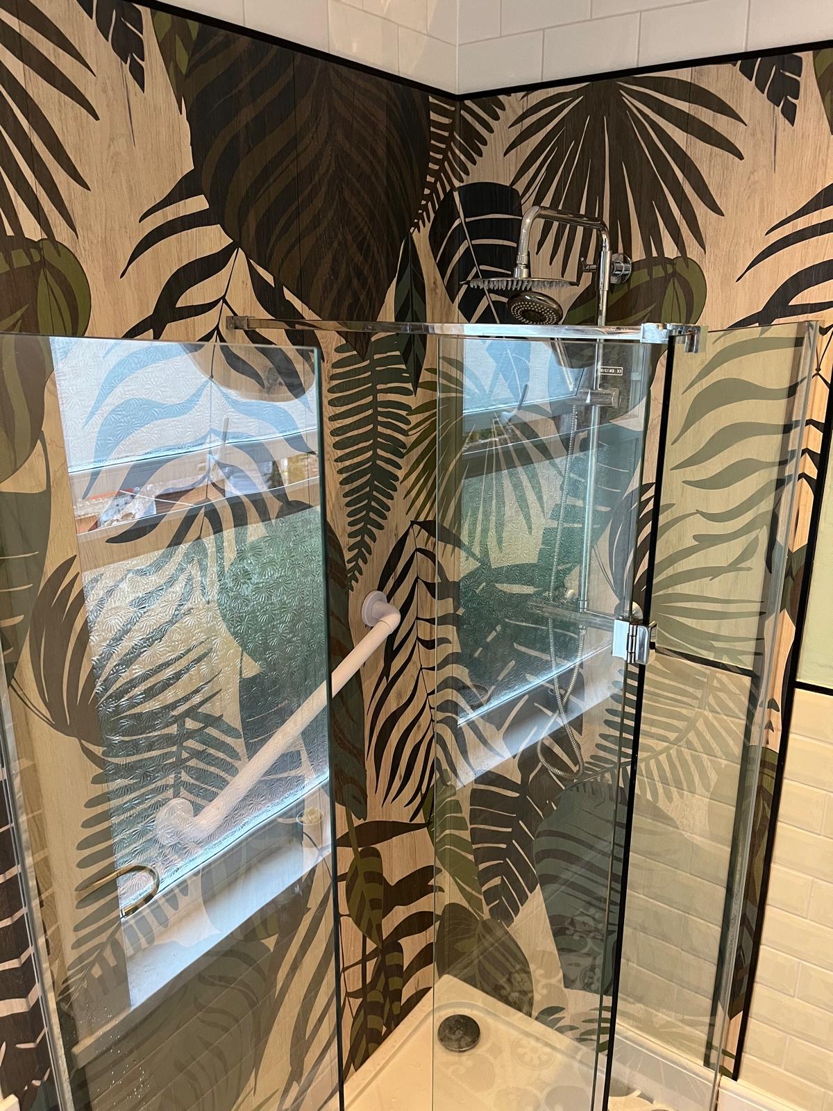 Botanical shower wall and chrome rainfall shower detail